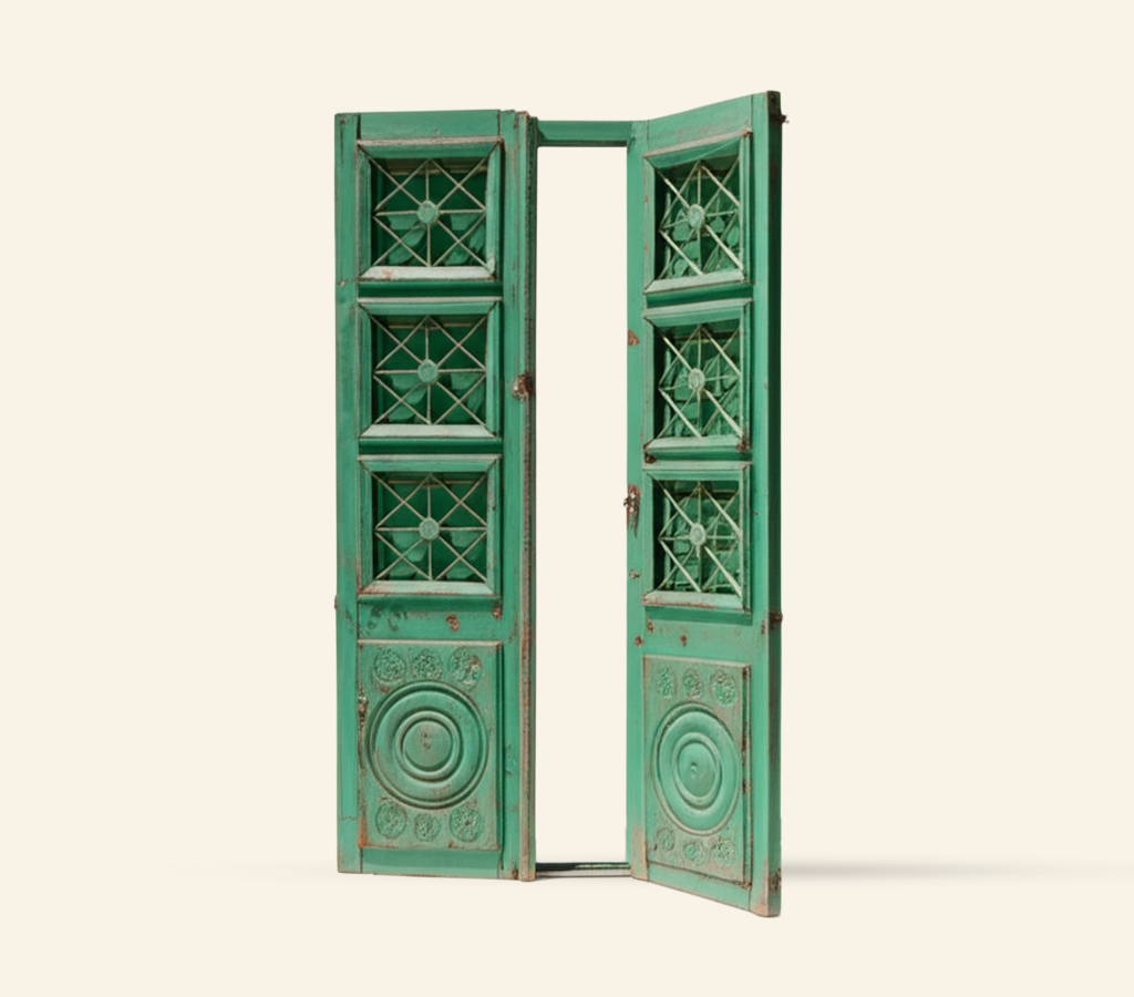 An antique door crafted from prized Azizi wood